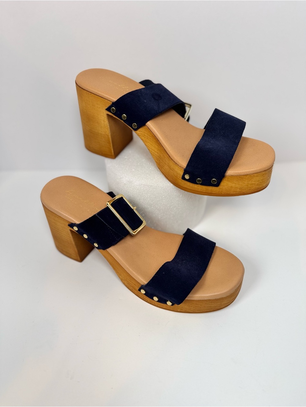Avellino Navy Suede Platform Sandals Gold Buckle Sz 9.5 Italy, Leather